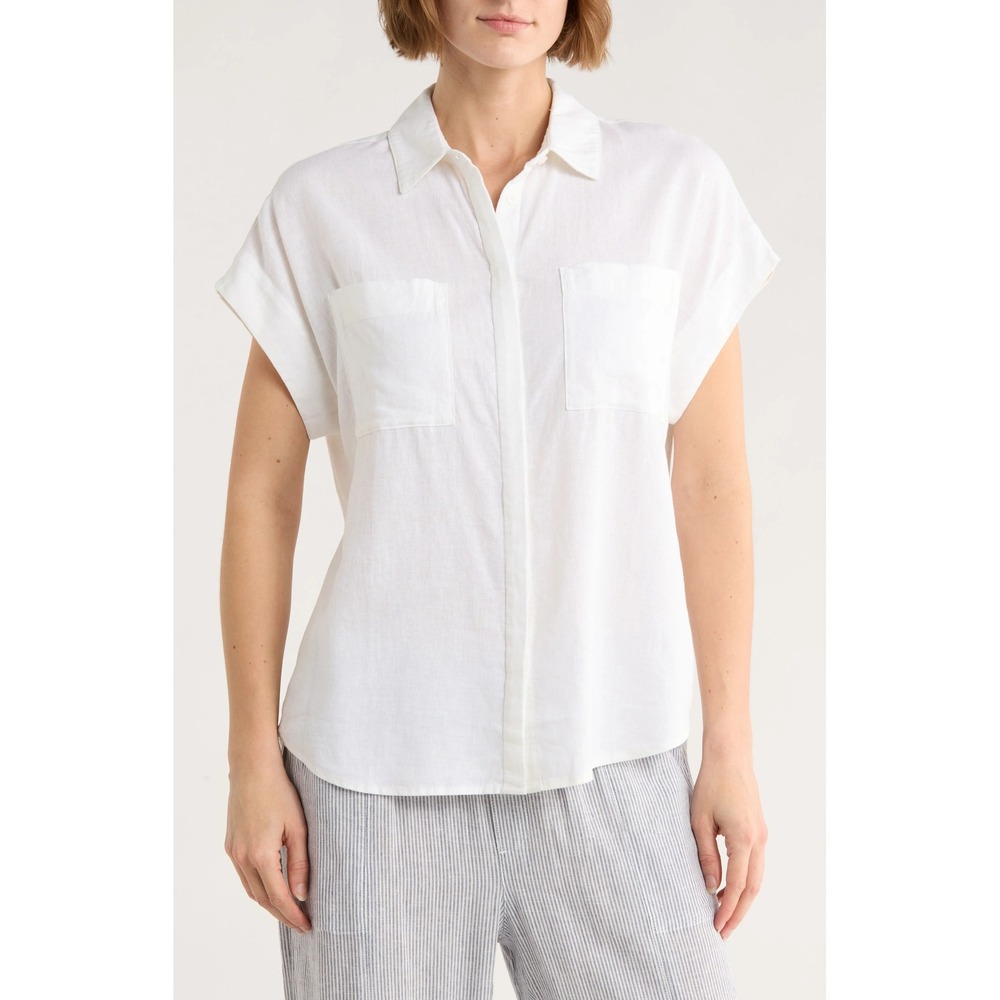 Caslon White Linen Blend Short Sleeve Button Down Pocket Shirt XS New